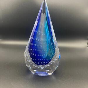 Mid Century Murano Style Faceted Sommerso Teardrop Art Glass Paperweight Blue